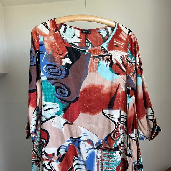 Funky artsy abstract patterned maxi dress laggenlook loose fitting oversized M - Picture 3 of 8
